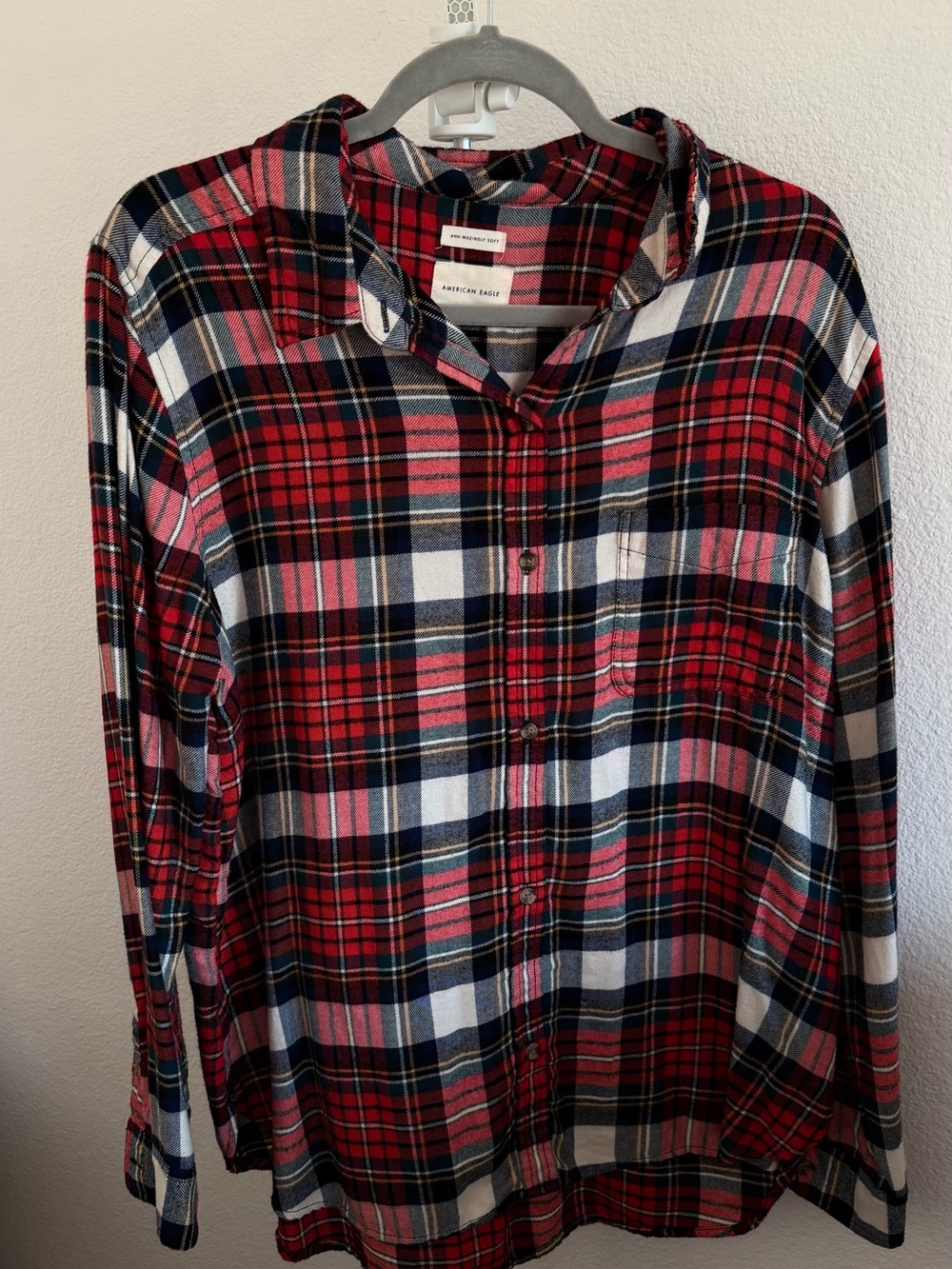 American Eagle Outfitters Red and Navy Plaid Button-Down Shirt